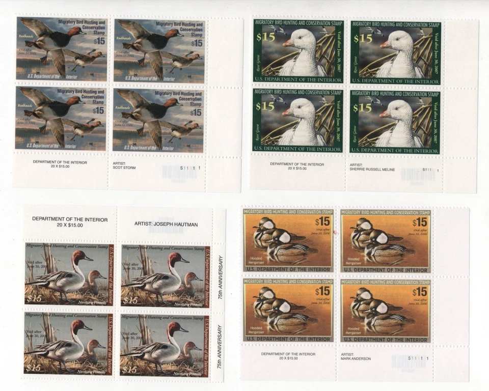US 2006-09 FEDERAL DUCK HUNTING STAMPS $15 / FACE EACH, FOUR PLATE # BLOCKS OF 4 - Image 1 of 2