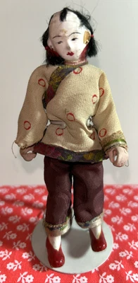 Antique Chinese Dollhouse 4.25" Male Figurine Statue Black Pig Tails Red Shoes - Image 1 of 4