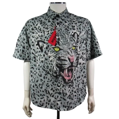 HUGO BOSS Men's Leopard Print S/S Shirt Cadet Gray & Black Size Large - Image 1 of 4