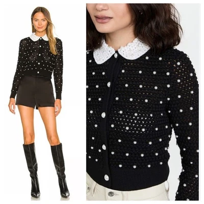 ALICE + OLIVIA Collins Black Crochet Cardigan Sweater with Pearls Medium  - Image 1 of 4