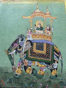 Dipinto Miniatura Moghul Tradizionale – Elefante Decorato con Maharaja e Corte - Foto 1 di 5