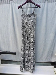 M&S Black White Paisley Print Viscose Shirred Strappy Maxi Dress UK 14 VGC - Picture 1 of 4