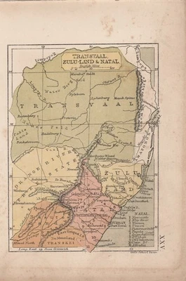 TRANSVAAL, ZULU-LAND & NATAL - Pequeño mapa antiguo de 7 x 5 pulgadas (c1880) Foto 1 de 2