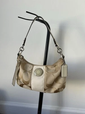 Bolso Bandolera COACH F19218 Signature Beige Correa Larga Borde de Cuero Y2K Foto 1 de 4