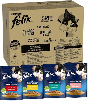 FELIX Le Ghiottonerie Cibo Umido Gatto Adulto 120x85g Manzo Pollo Salmone Tonno - Immagine 1 di 4