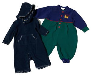 Vintage Baby Boy 2 Piece Romper Set Old Navy Hooded Fleece Healthtex Blue 3-9 M