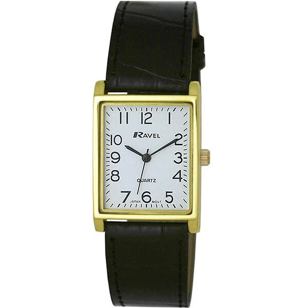 Ravel Mens or Ladies Classic Rectangular Dial Watch With Black Strap Gold Tone