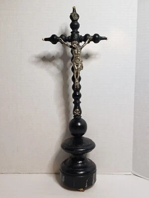 Antiguo crucifijo de pie torneado madera de ébano Memento Mori francés siglo XIX 19,25" Foto 1 de 4