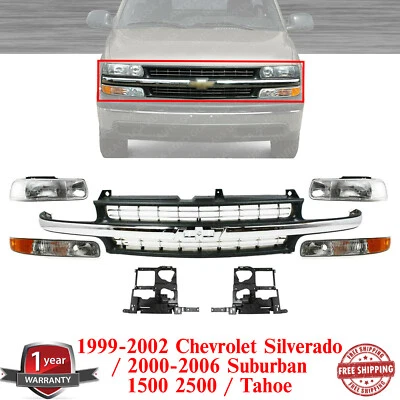 Grille Assembly + Lights +Brackets For 99-02 Silverado 1500/01-06 Suburban Tahoe - Image 1 of 4