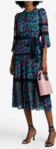 $700 +tax New DIANE VON FURSTENBERG Crepe Midi Dress S Floral Crochet Trim Beltd - Picture 1 of 4