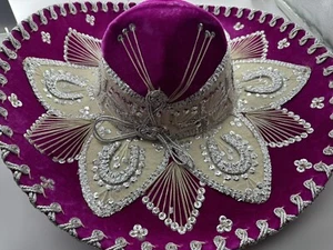 Authentic Hecho Mexican mariachi sombrero charro velvet Hat Pink Silver NEW - Picture 1 of 8