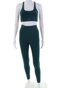 Set Active Womens Scoop Neck Knit Sports Bra Leggings Set Dark Teal Medium Large - Picture 1 of 9