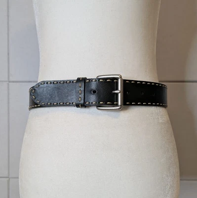 Vintage Anne Klein Black Leather Belt Contrast Stitch Silver Buckle Size S - Image 1 of 4