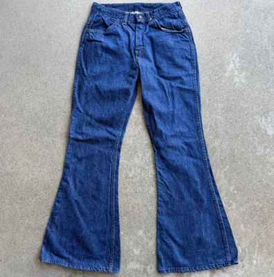 True Vintage 70s Dark Wash High Rise Bell Bottom Hippie Wide Jeans 28x31 - Image 1 of 4