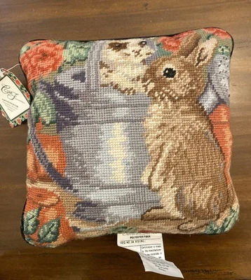 Vintage Needlepoint Throw Pillow: Bunny Rabbit Brown Gray 9.5" Square Velvet - Image 1 of 4