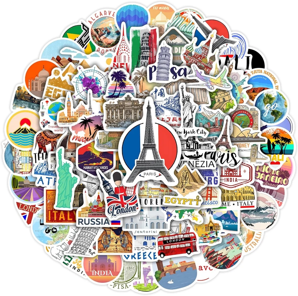 Набор стикеров World Featured Architecture, 100 шт. водонепроницаемые дорожные - ПВХ-028  - Изображение 1 из 4