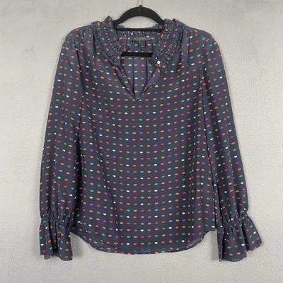 Camisa J Crew Para Mujer 8 Azul Marino Seda Volantes Cuello Estampado Labial Manga Larga San Valentín Foto 1 de 4