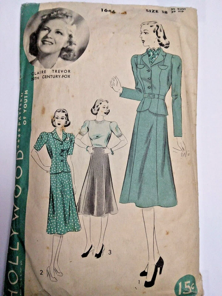 Suit Skirt Blazer Jacket 18 Hollywood 1646 Sewing Pattern VTG Claire Trevor CUT - Image 1 of 4