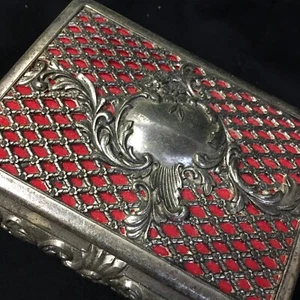 VTG Footed Metal Jewelry Trinket Box Silver Tone Filigree Red Velvet Lined Japan - Picture 1 of 7