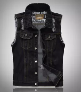 Mens Denim Ripped Vest Sleeveless Trucker Biker Jeans Jacket Waistcoat Gilet - Picture 1 of 20