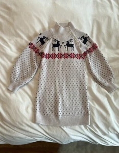 Janie And Jack Holiday Sweater Dress Size 5 White Reindeer - Picture 1 of 6