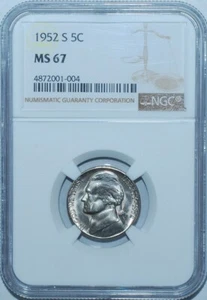 1952 S NGC MS67 5C Jefferson Nickel - Picture 1 of 2