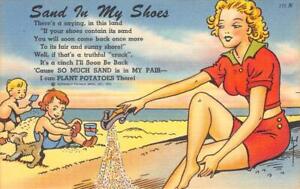 SAND IN MEINEN SCHUHEN Strand Comic Badeschönheit 1951 Leinen Tichnor Vintage Postkarte