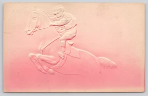 Postcard Embossed Pink Peach Jockey Riding Galloping Horse - Airbrushed - Picture 1 of 2