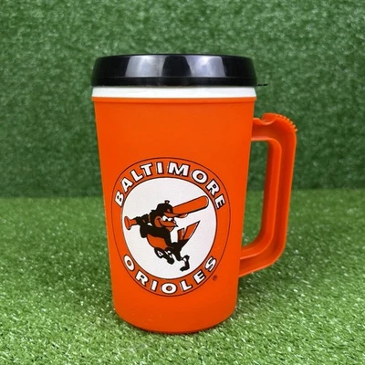 Vintage 1991 Baltimore Orioles MLB Orange Plastic Mug Cup W/ Lid Made In USA 90s - Image 1 of 4
