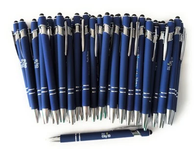 ALPHA METAL 50ct METAL PEN LOT Misprint Alpha Soft Touch Stylus Click Pens ROYAL BLUE