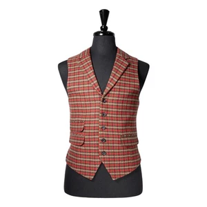 Mens Plaid Vest 40R Red Green Brown Waistcoat Christmas Holiday Party Preppy - Picture 1 of 10