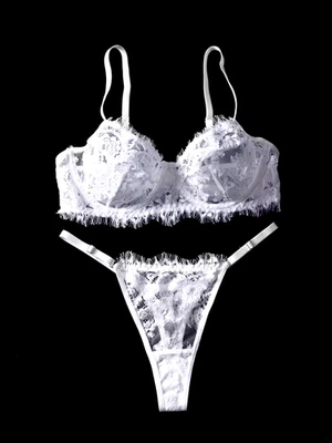¡MÁS ALLÁ DE SEXY! JUEGO DE SUJETADOR Y BRAGUITA DE ENCAJE CON PESTAÑAS BORDADAS FLORALES BLANCAS TRANSPARENTES 38C NUEVO CON ETIQUETAS Foto 1 de 3