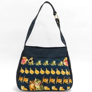 Gianni Versace Black Cat Pattern Shoulder Bag Italy Made Fabric From Japan - Picture 1 of 9