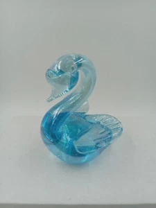 Art Glass Swan Figurine Blue Iridescent   Hand Blown 4" Bird Figurine  - Picture 1 of 12
