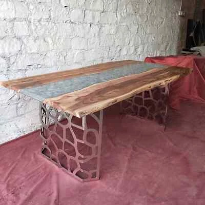 Grey Epoxy Resin Dining Top Table Natural Acacia Wooden Live Edge Home Decors - Image 1 of 4