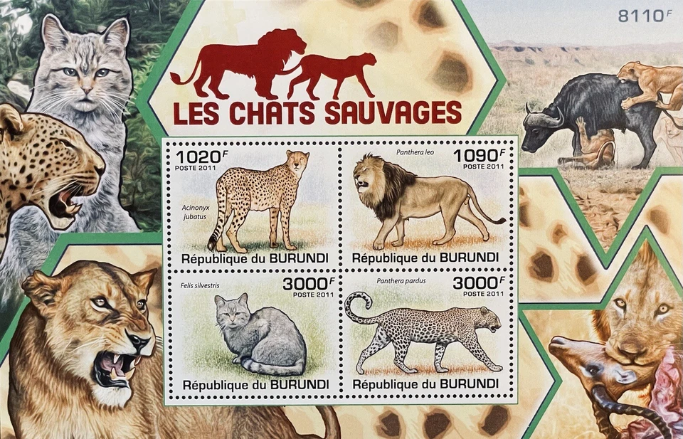 HOJA DE ESTAMPILLAS DE GATOS SALVAJES DE BURUNDI 4V 2011 MNH ANIMALES SALVAJES FAUNA DE GUEPARDOS DE VIDA SILVESTRE Foto 1 de 1