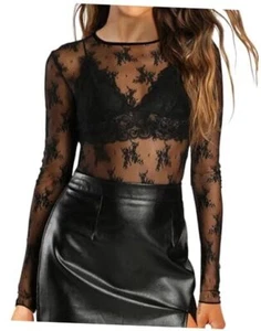 Womens Mesh Long Sleeve Tops Crew Neck Sexy See Through Tee Medium Black - Picture 1 of 3