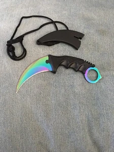 TACTICAL COMBAT KARAMBIT NECK KNIFE Survival Hunting BOWIE Fixed Blade RAINBOW  - Picture 1 of 4