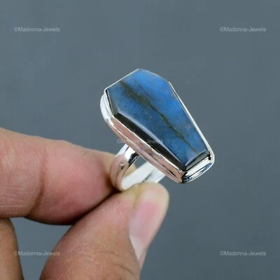 Bisel de compromiso de piedras preciosas de labradorita de plata esterlina nuevo anillo solitario joyería Foto 1 de 4