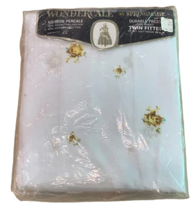 Vintage Twin Fitted Sheet White Gold Cottage Roses Percale Springmaid Rosegay - Picture 1 of 3