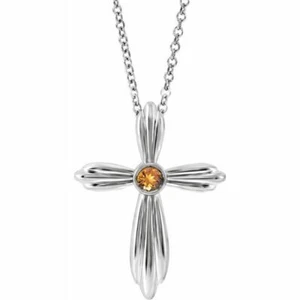 Citrine Bezel-Set Cross 16-18" Necklace In Platinum  - Picture 1 of 2