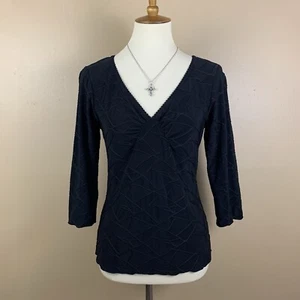 VTG Wrapper Top Juniors XL Black Abstract Stretch V Neck Whimsygoth Y2K Blouse - Picture 1 of 13