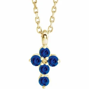 Collar Cruz Zafiro Azul Genuino 16-18" En Oro Amarillo 14K - Imagen 1 de 2