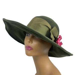 VTG The J PETERMAN CO Green Velvet Sun Hat Big Bow Flower Wide Brim Derby OS - Picture 1 of 9