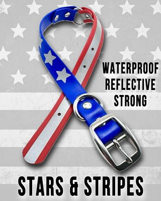 Made in USA Flag Stars & Stripes Reflective WATERPROOF BioThane Dog Collar - Image 1 of 4