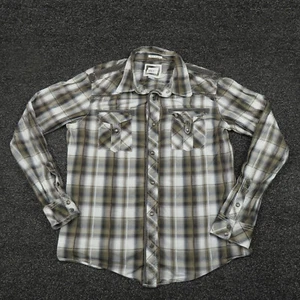 Buckle Shirt Adult Medium Brown & White Plaid Athletic Fit Stretch Snap Button - Picture 1 of 7