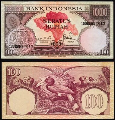 Indonesia 100 rupiah 1959 Rafflesia Flower & Hornbill Bird P69 Prefix 100RDH aXF - Image 1 of 4