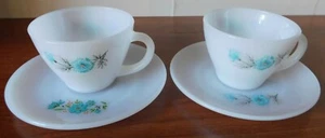 Fire King Cups and Saucers Aqua Blue Flower - Picture 1 of 3