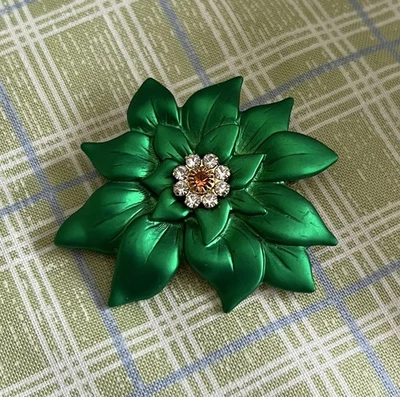 Vintage Poinsettia Brooch Green Enameled Petals Goldtone White&Amber Rhinestones - Image 1 of 4