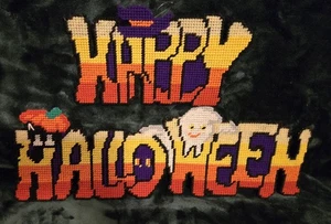 Vintage HAPPY HALLOWEEN Kunststoff Leinwand Nadelspitze mehrfarbig Wandbehang - Bild 1 von 9